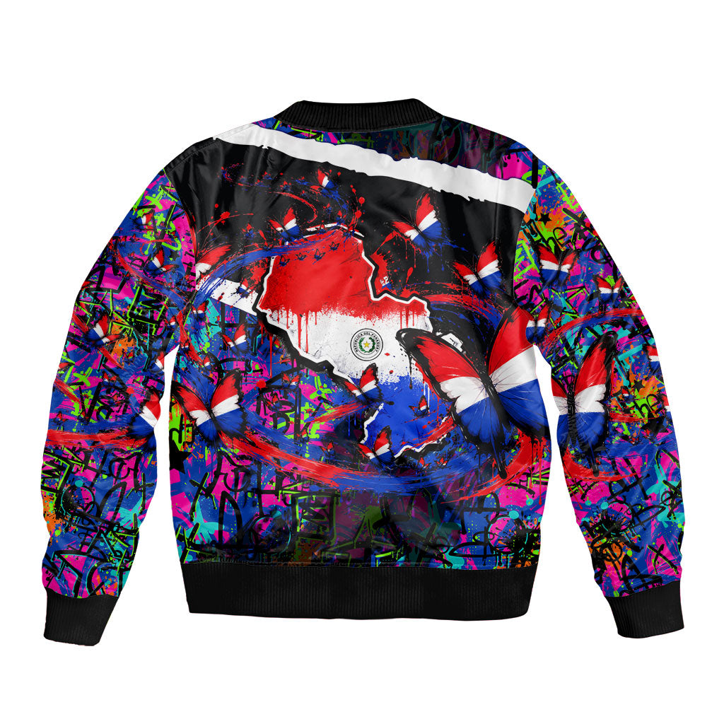 Paraguay Flag Day Sleeve Zip Bomber Jacket Colorful Graffiti Map Butterflies