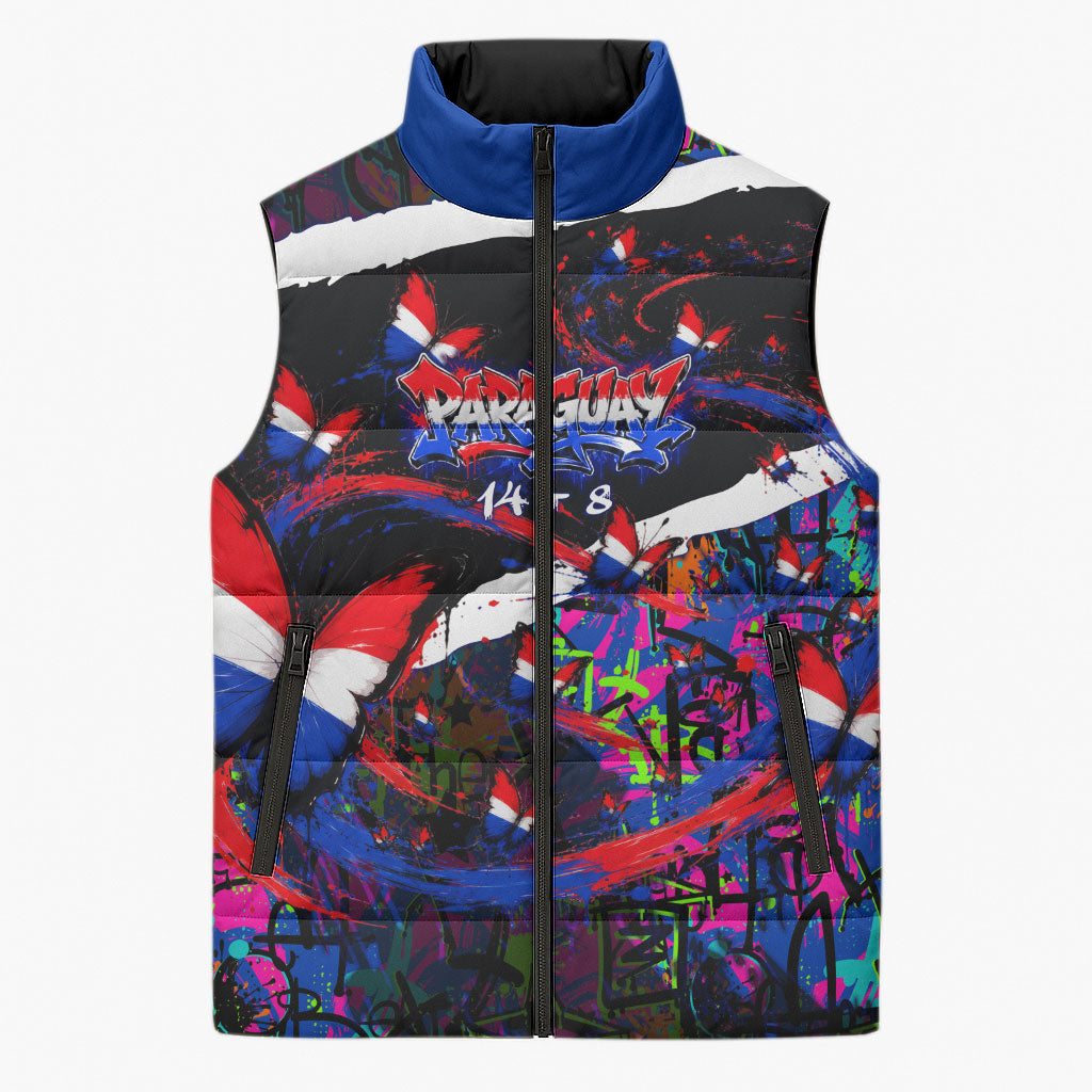 Paraguay Flag Day Sleeveless Puffer Jacket Colorful Graffiti Map Butterflies