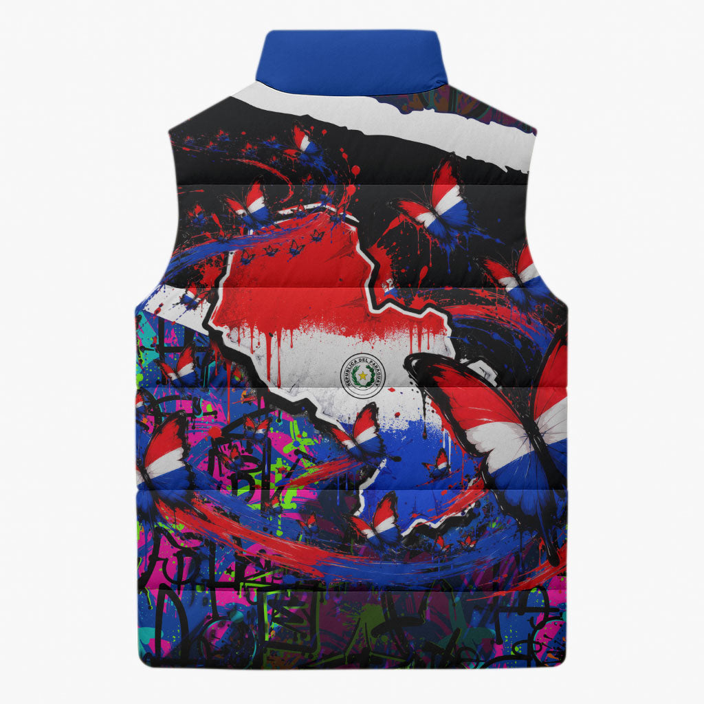 Paraguay Flag Day Sleeveless Puffer Jacket Colorful Graffiti Map Butterflies