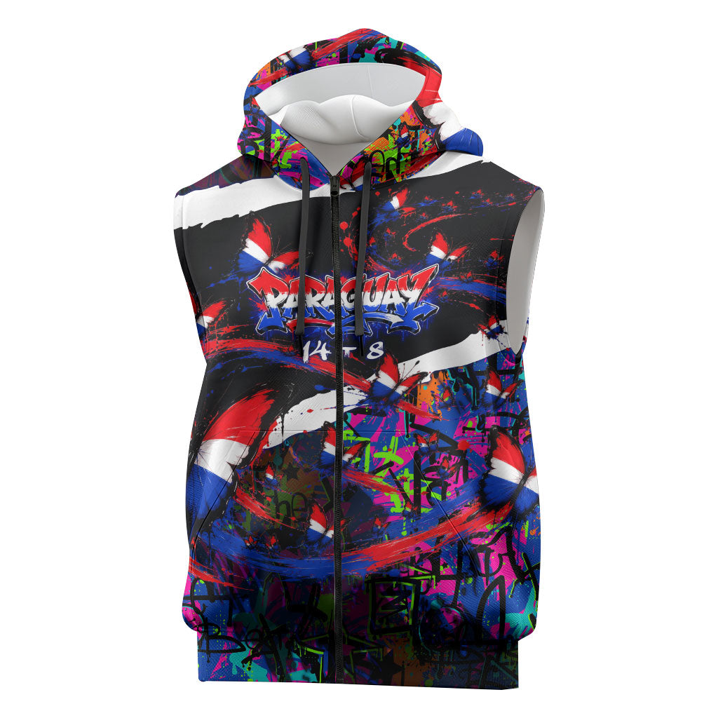 Paraguay Flag Day Sleeveless Zip Hoodie Colorful Graffiti Map Butterflies