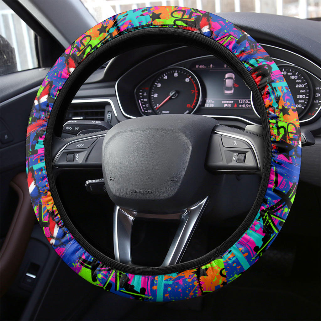 Paraguay Flag Day Steering Wheel Cover Colorful Graffiti Map Butterflies