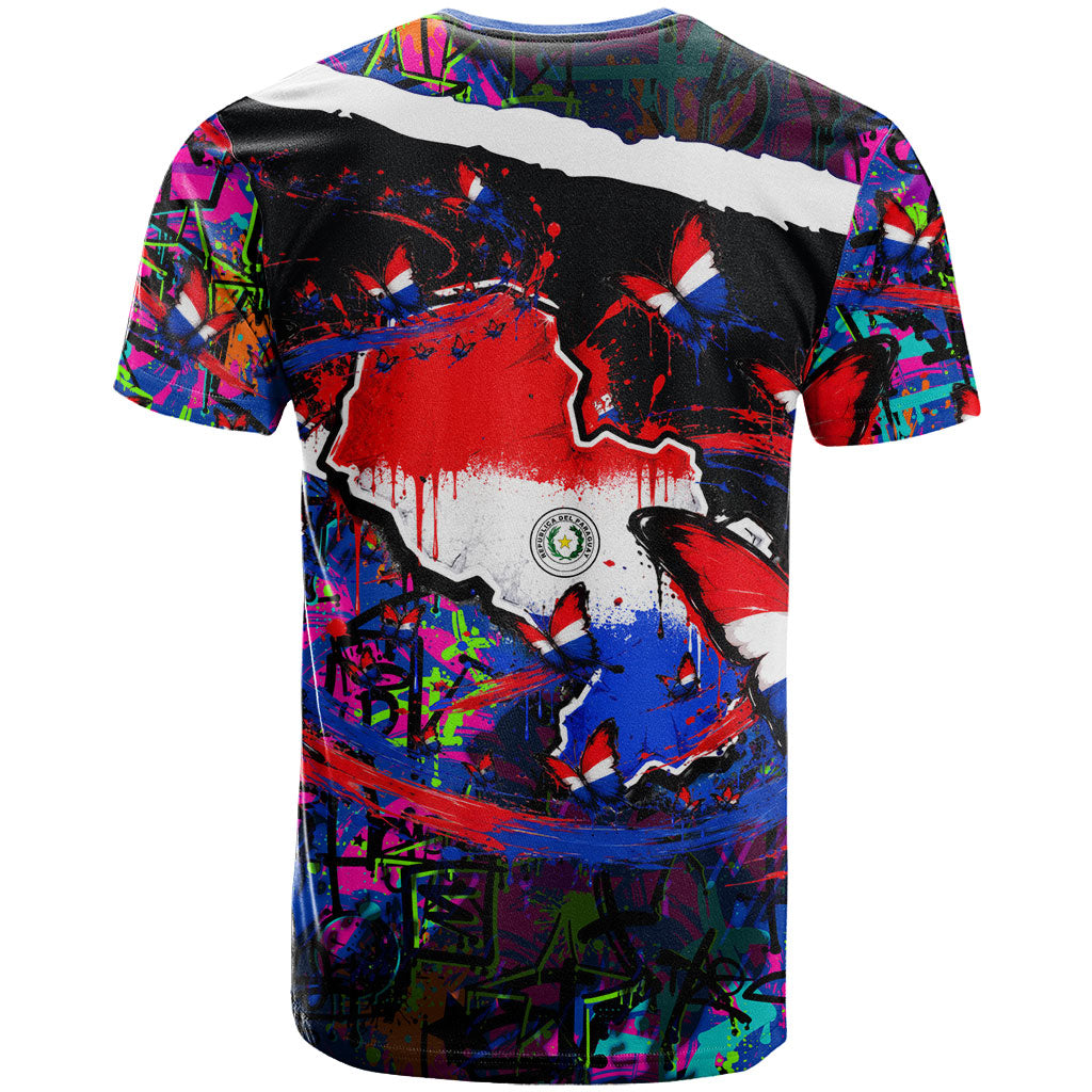 Paraguay Flag Day T Shirt Colorful Graffiti Map Butterflies