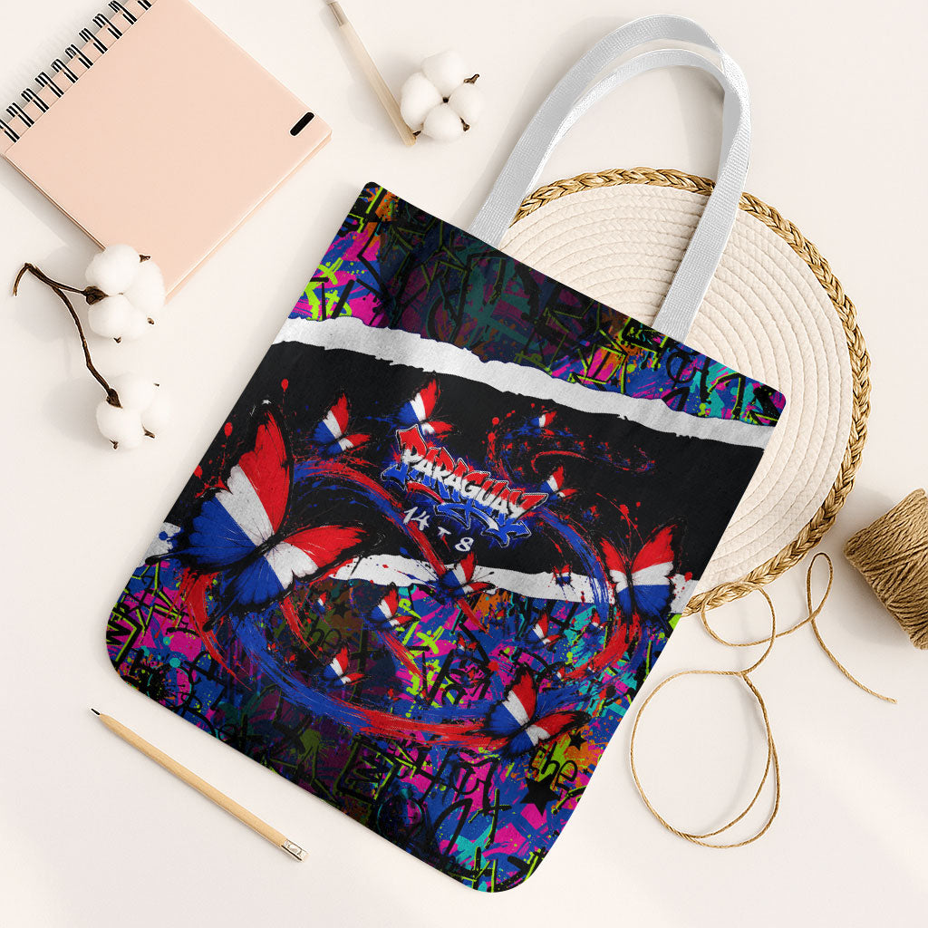 Paraguay Flag Day Tote Bag Colorful Graffiti Map Butterflies