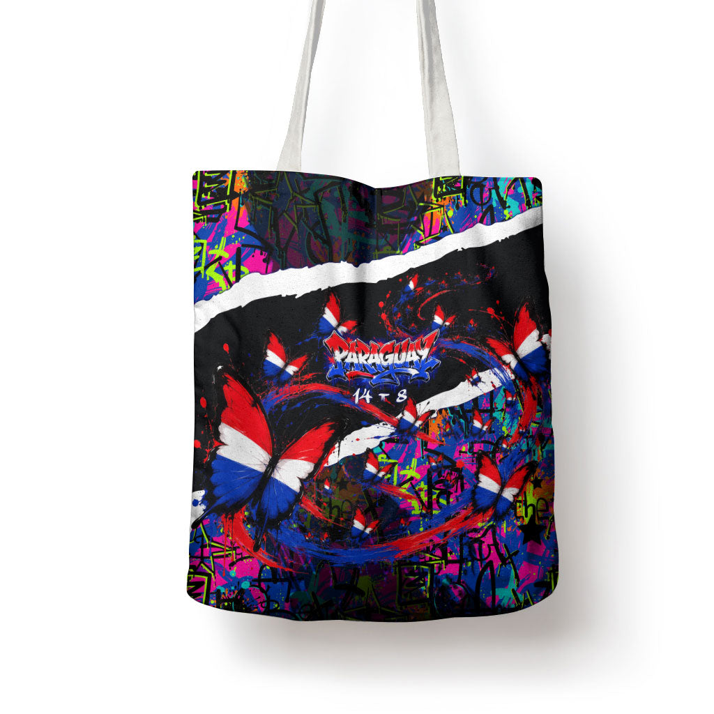Paraguay Flag Day Tote Bag Colorful Graffiti Map Butterflies