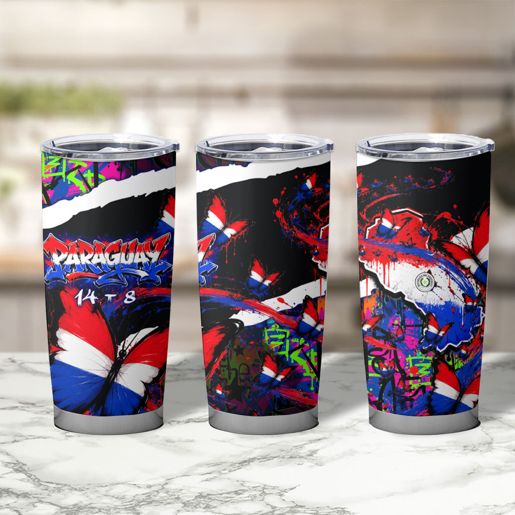 Paraguay Flag Day Tumbler Cup Colorful Graffiti Map Butterflies