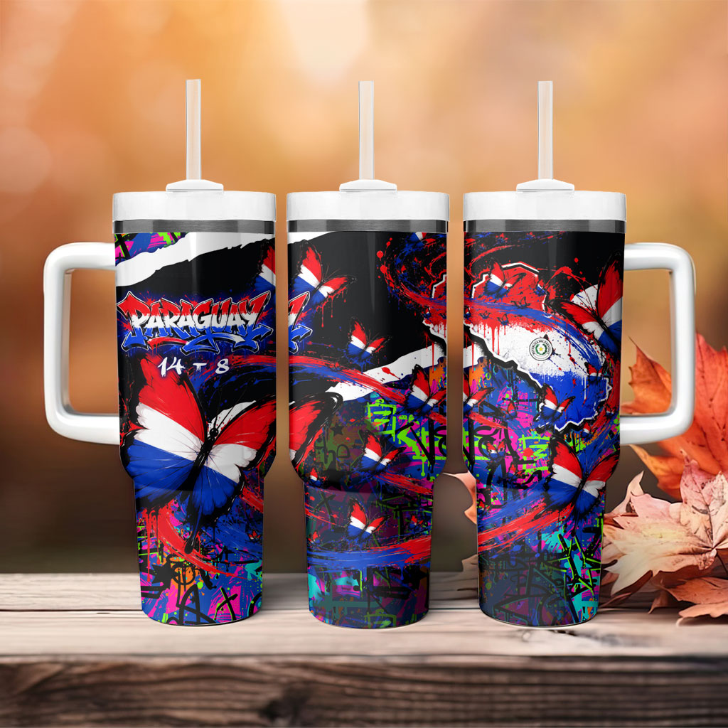 Paraguay Flag Day Tumbler With Handle Colorful Graffiti Map Butterflies