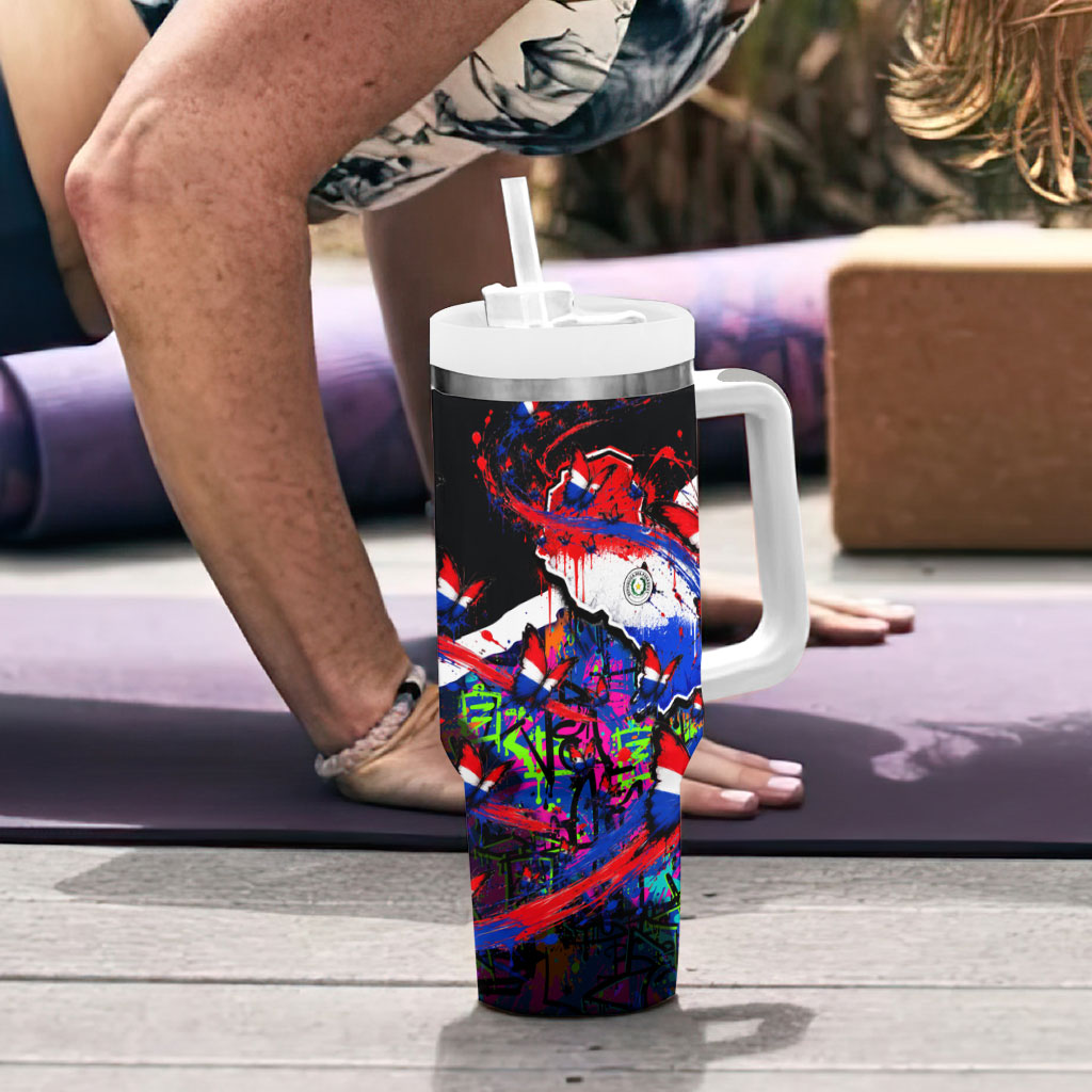 Paraguay Flag Day Tumbler With Handle Colorful Graffiti Map Butterflies