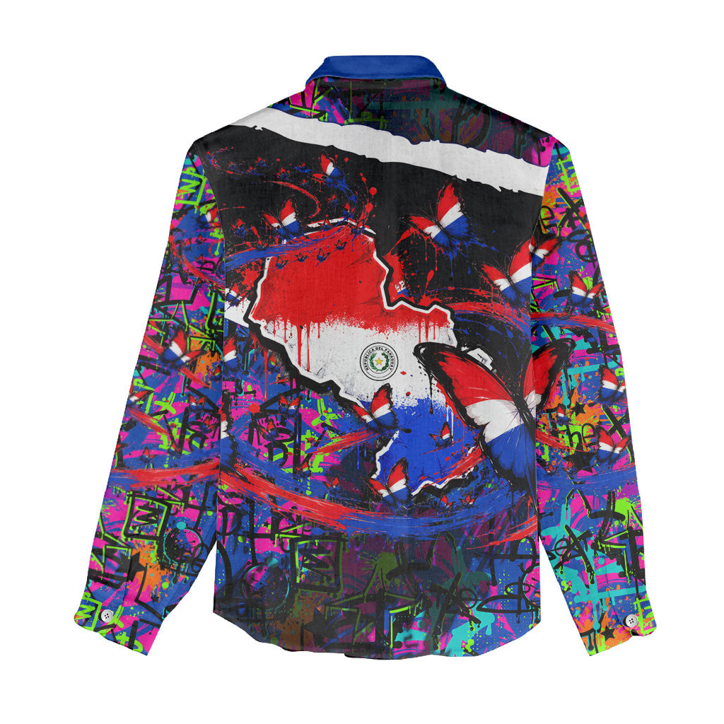 Paraguay Flag Day Women Casual Shirt Colorful Graffiti Map Butterflies