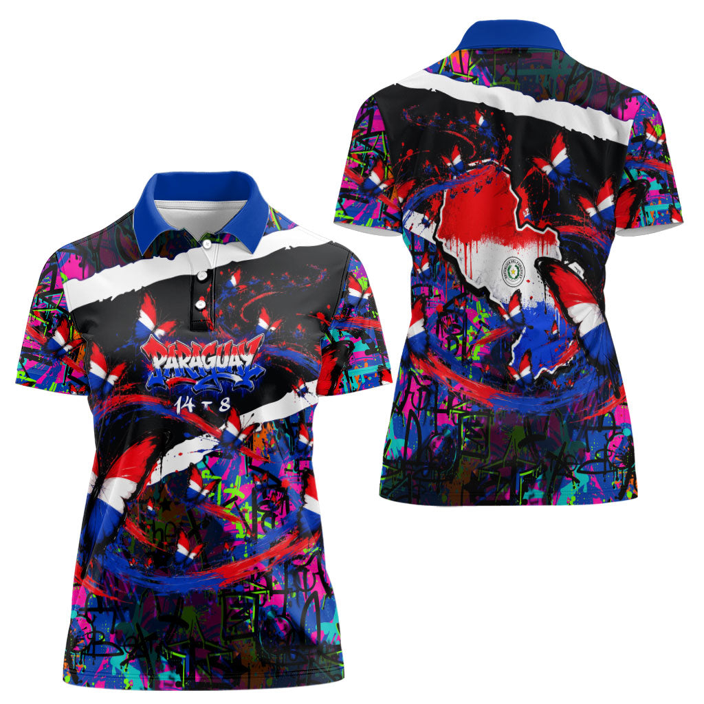Paraguay Flag Day Women Polo Shirt Colorful Graffiti Map Butterflies