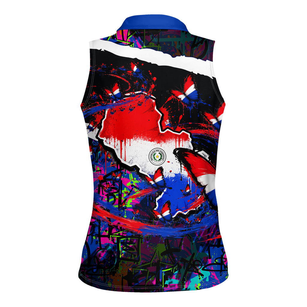 Paraguay Flag Day Women Sleeveless Polo Shirt Colorful Graffiti Map Butterflies