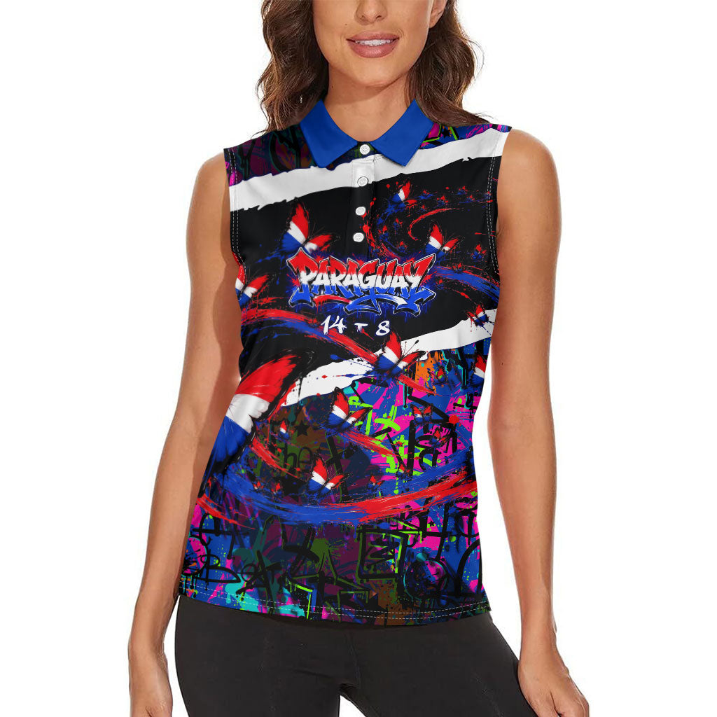 Paraguay Flag Day Women Sleeveless Polo Shirt Colorful Graffiti Map Butterflies