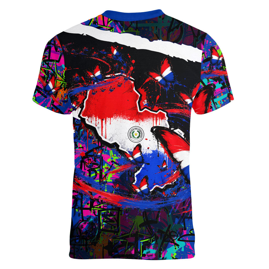 Paraguay Flag Day Women V-Neck T-Shirt Colorful Graffiti Map Butterflies