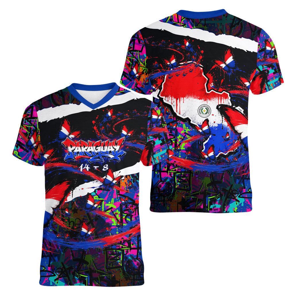Paraguay Flag Day Women V-Neck T-Shirt Colorful Graffiti Map Butterflies