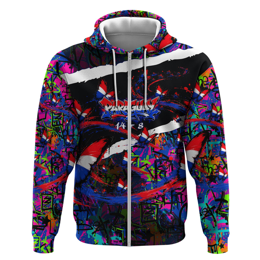 Paraguay Flag Day Zip Hoodie Colorful Graffiti Map Butterflies