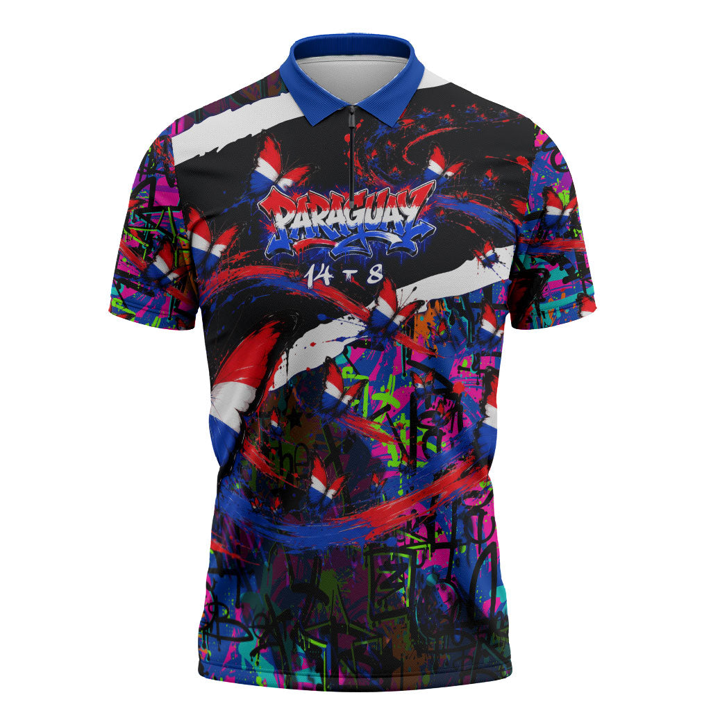 Paraguay Flag Day Zipper Polo Shirt Colorful Graffiti Map Butterflies