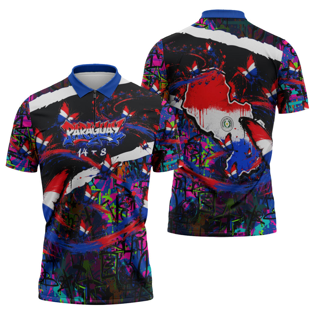 Paraguay Flag Day Zipper Polo Shirt Colorful Graffiti Map Butterflies