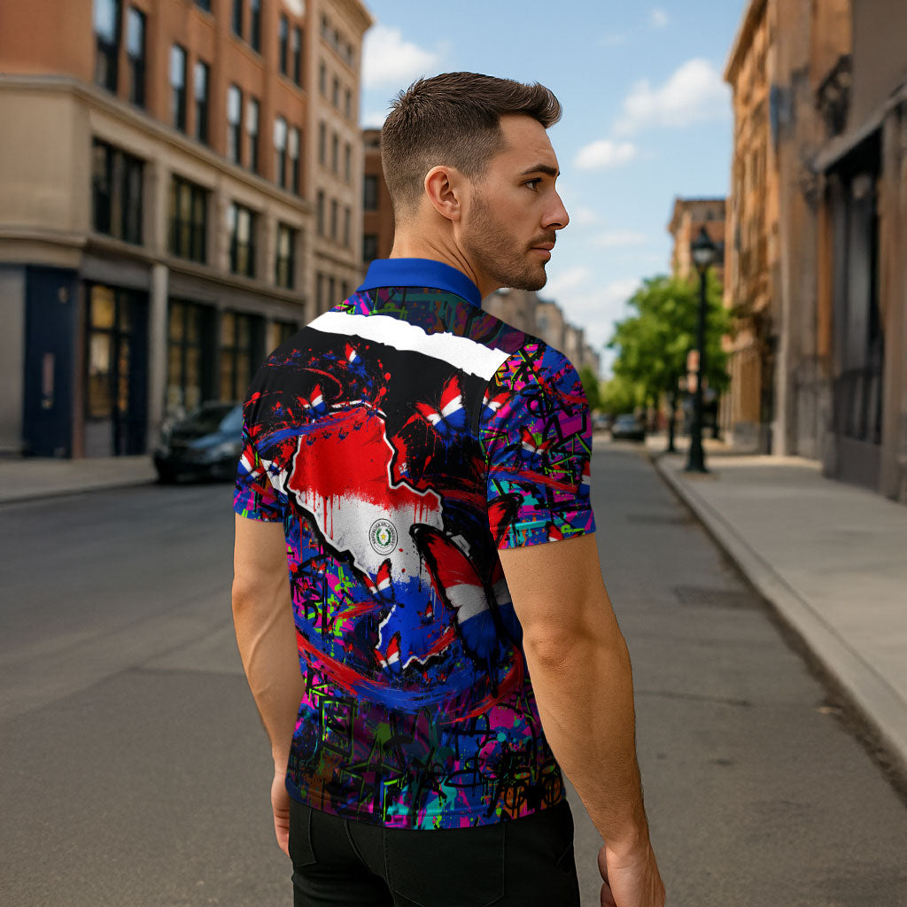 Paraguay Flag Day Zipper Polo Shirt Colorful Graffiti Map Butterflies