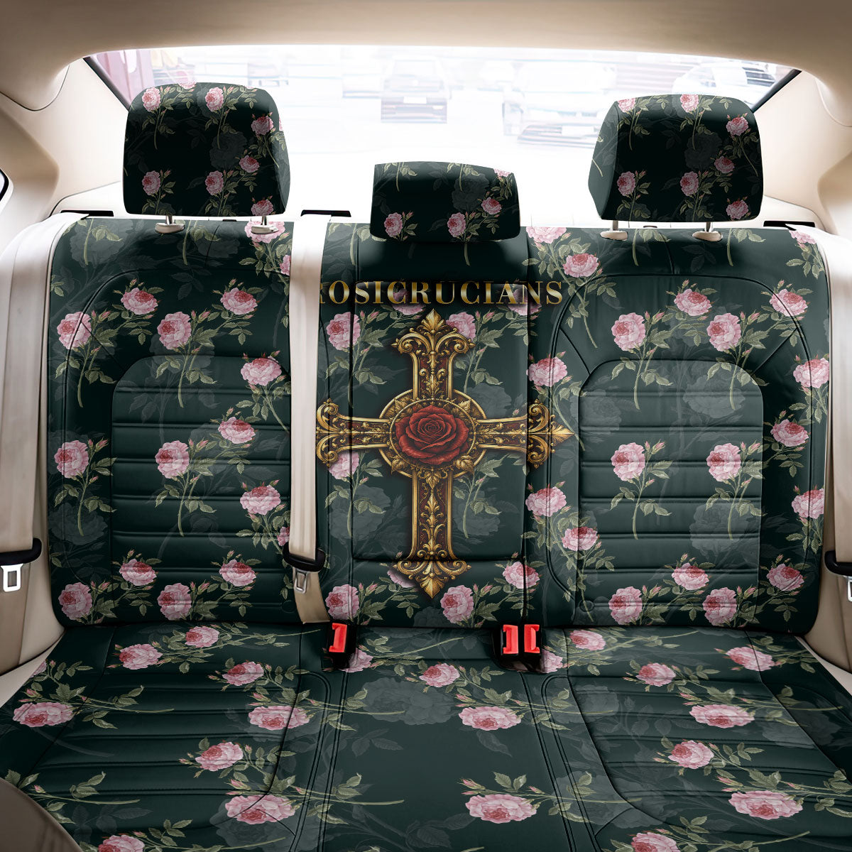 Rosicrucian Order Rose Cross Back Car Seat Cover Gothic Baroque Crucifix Vintage Floral