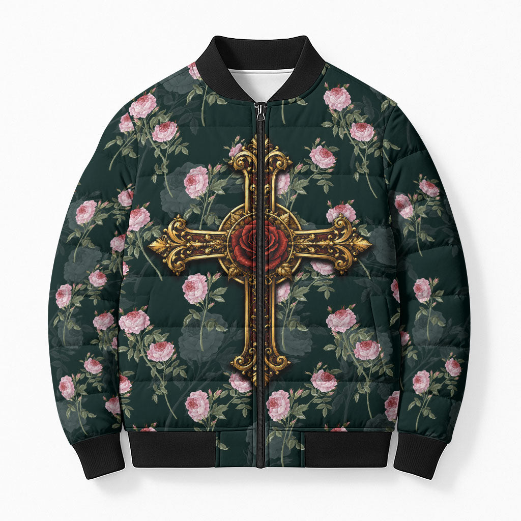 Rosicrucian Order Rose Cross Bomber Puffer Jacket Gothic Baroque Crucifix Vintage Floral