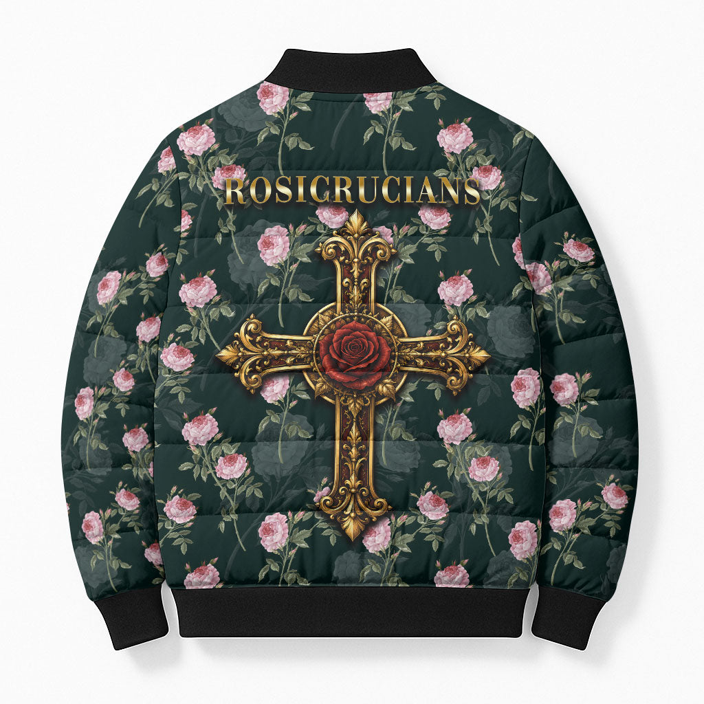 Rosicrucian Order Rose Cross Bomber Puffer Jacket Gothic Baroque Crucifix Vintage Floral