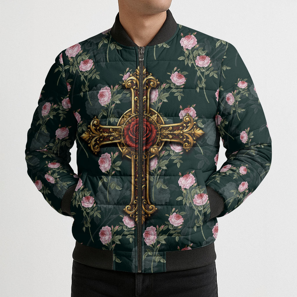 Rosicrucian Order Rose Cross Bomber Puffer Jacket Gothic Baroque Crucifix Vintage Floral