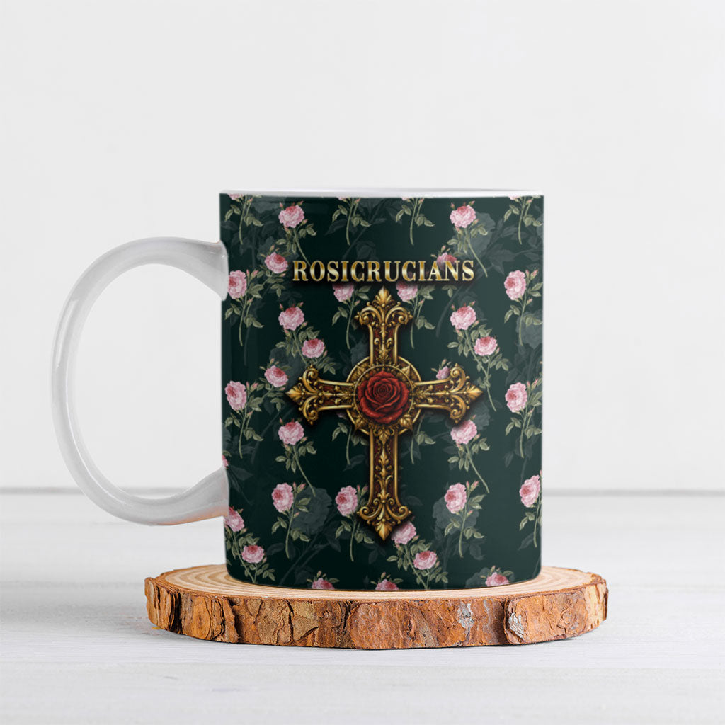 Rosicrucian Order Rose Cross Ceramic Mug Gothic Baroque Crucifix Vintage Floral