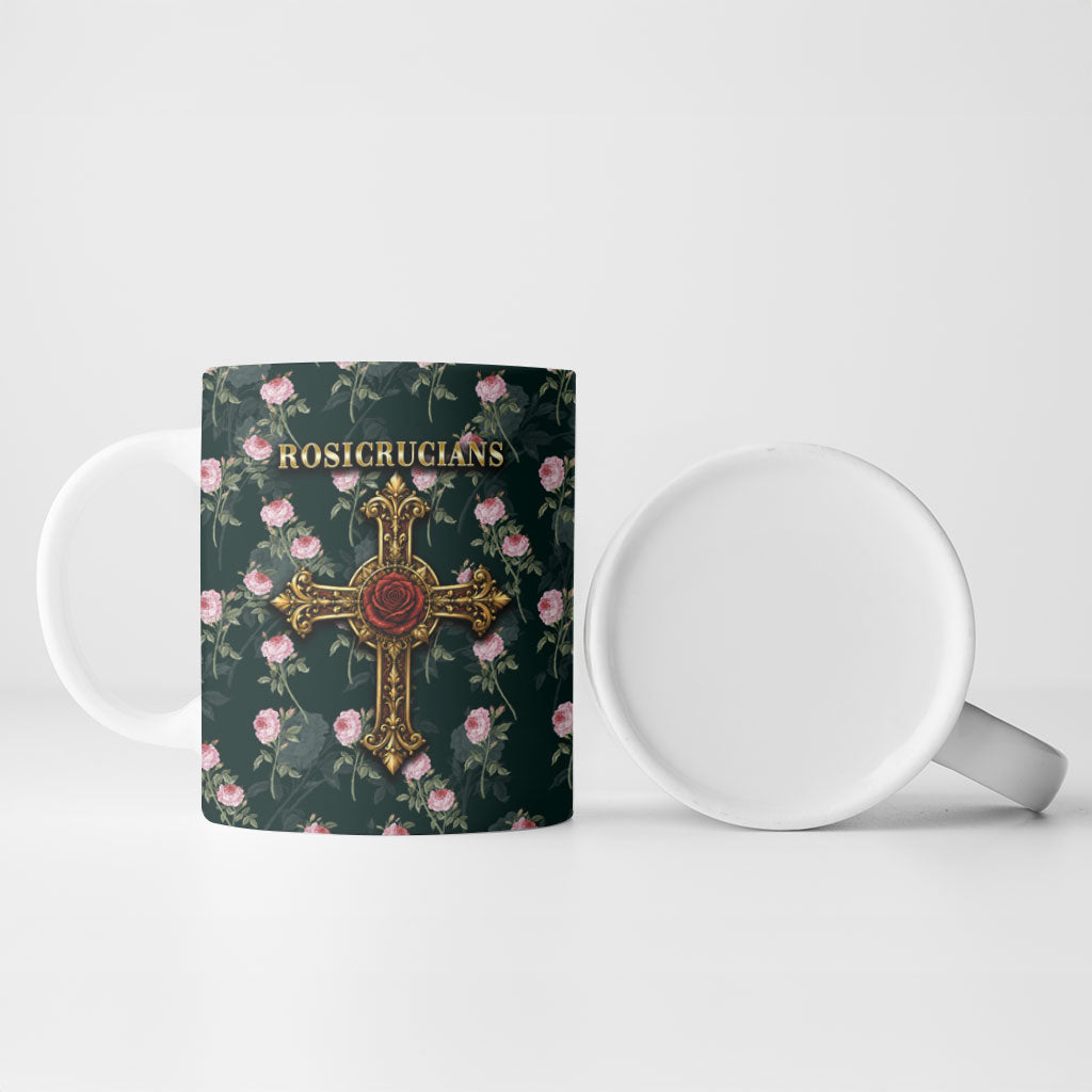 Rosicrucian Order Rose Cross Ceramic Mug Gothic Baroque Crucifix Vintage Floral
