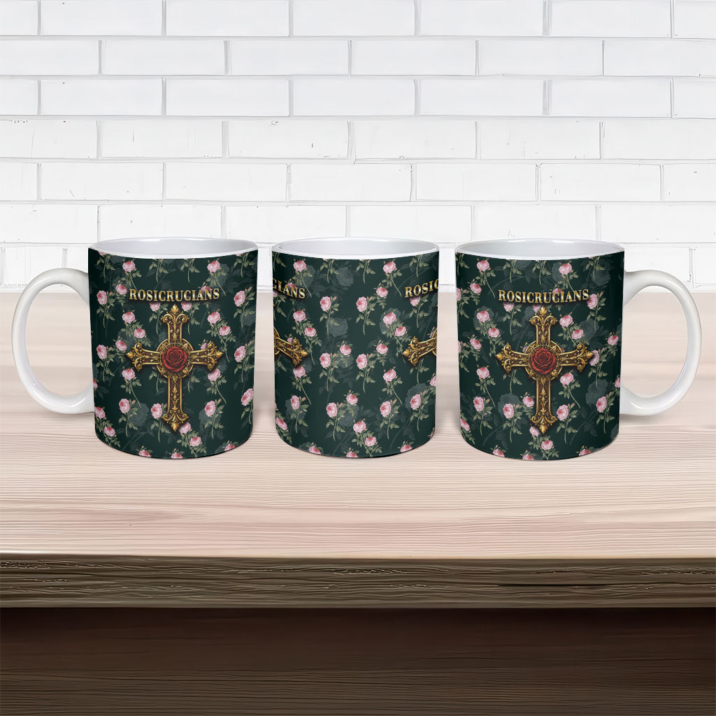 Rosicrucian Order Rose Cross Ceramic Mug Gothic Baroque Crucifix Vintage Floral