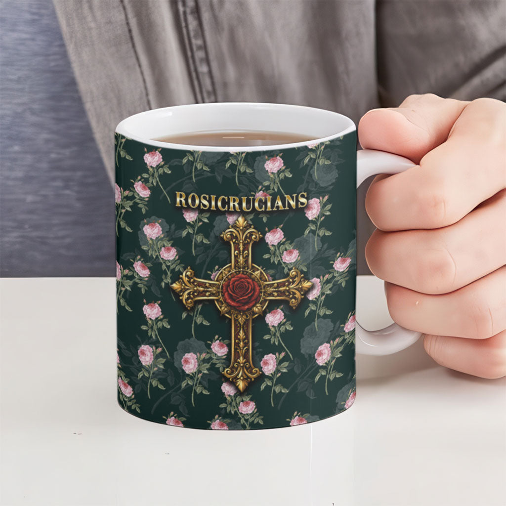 Rosicrucian Order Rose Cross Ceramic Mug Gothic Baroque Crucifix Vintage Floral