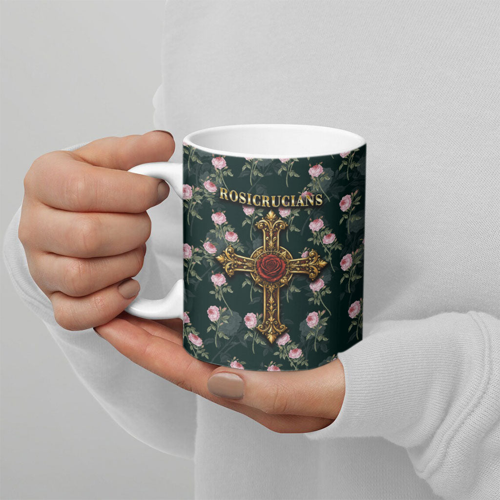 Rosicrucian Order Rose Cross Ceramic Mug Gothic Baroque Crucifix Vintage Floral