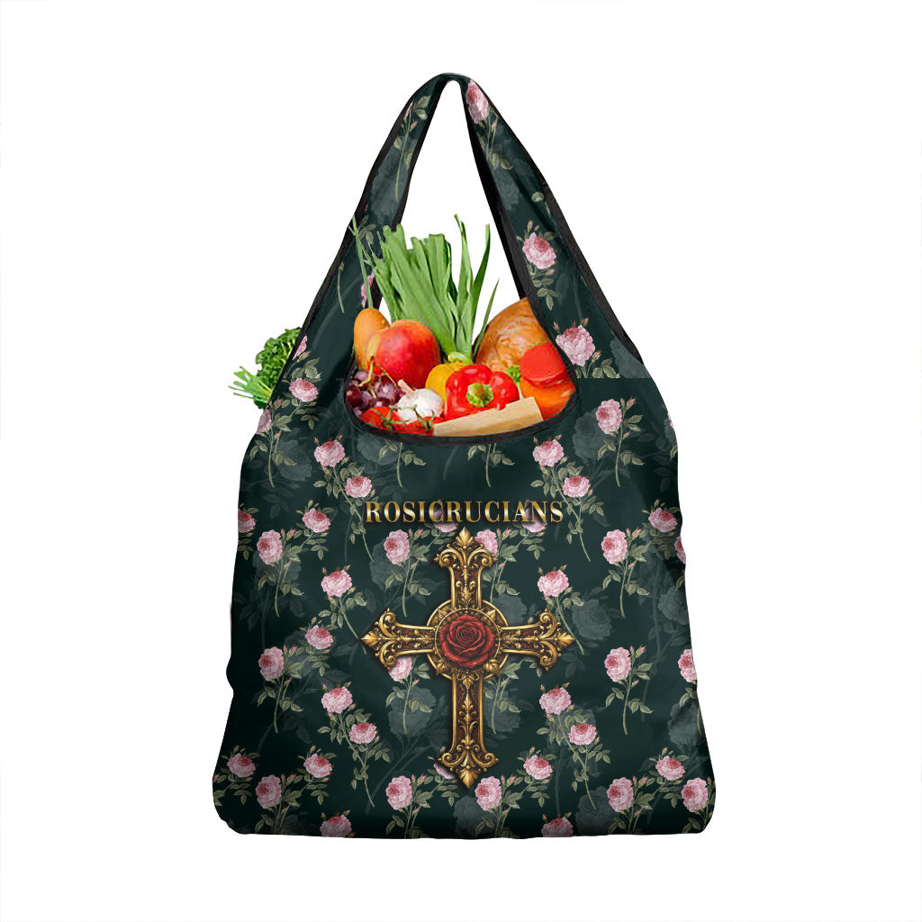 Rosicrucian Order Rose Cross Grocery Bag Gothic Baroque Crucifix Vintage Floral