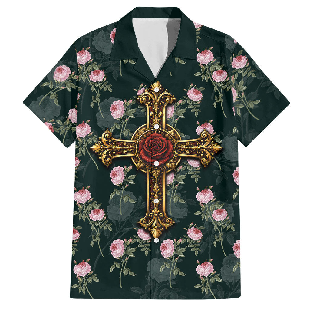 Rosicrucian Order Rose Cross Hawaiian Shirt Gothic Baroque Crucifix Vintage Floral