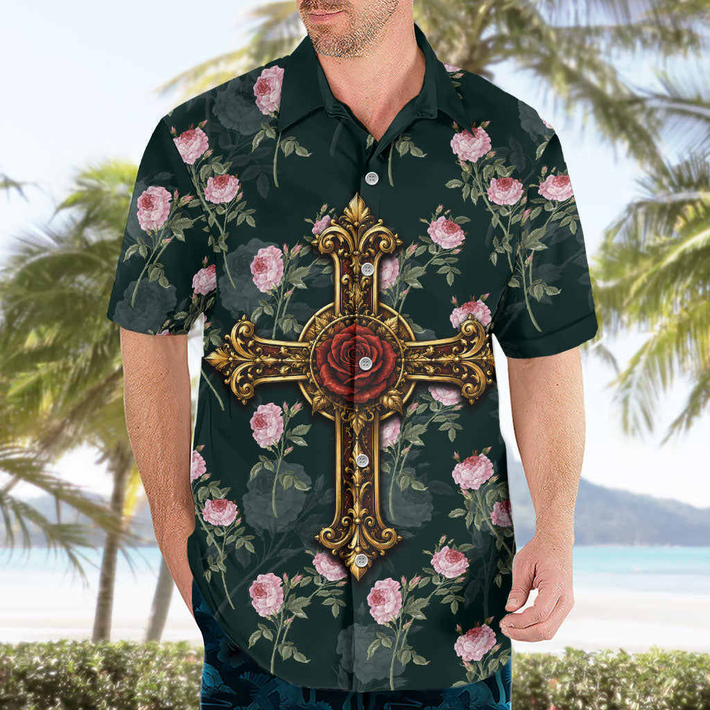 Rosicrucian Order Rose Cross Hawaiian Shirt Gothic Baroque Crucifix Vintage Floral