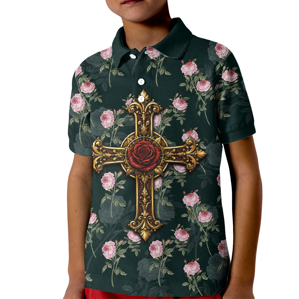 Rosicrucian Order Rose Cross Kid Polo Shirt Gothic Baroque Crucifix Vintage Floral