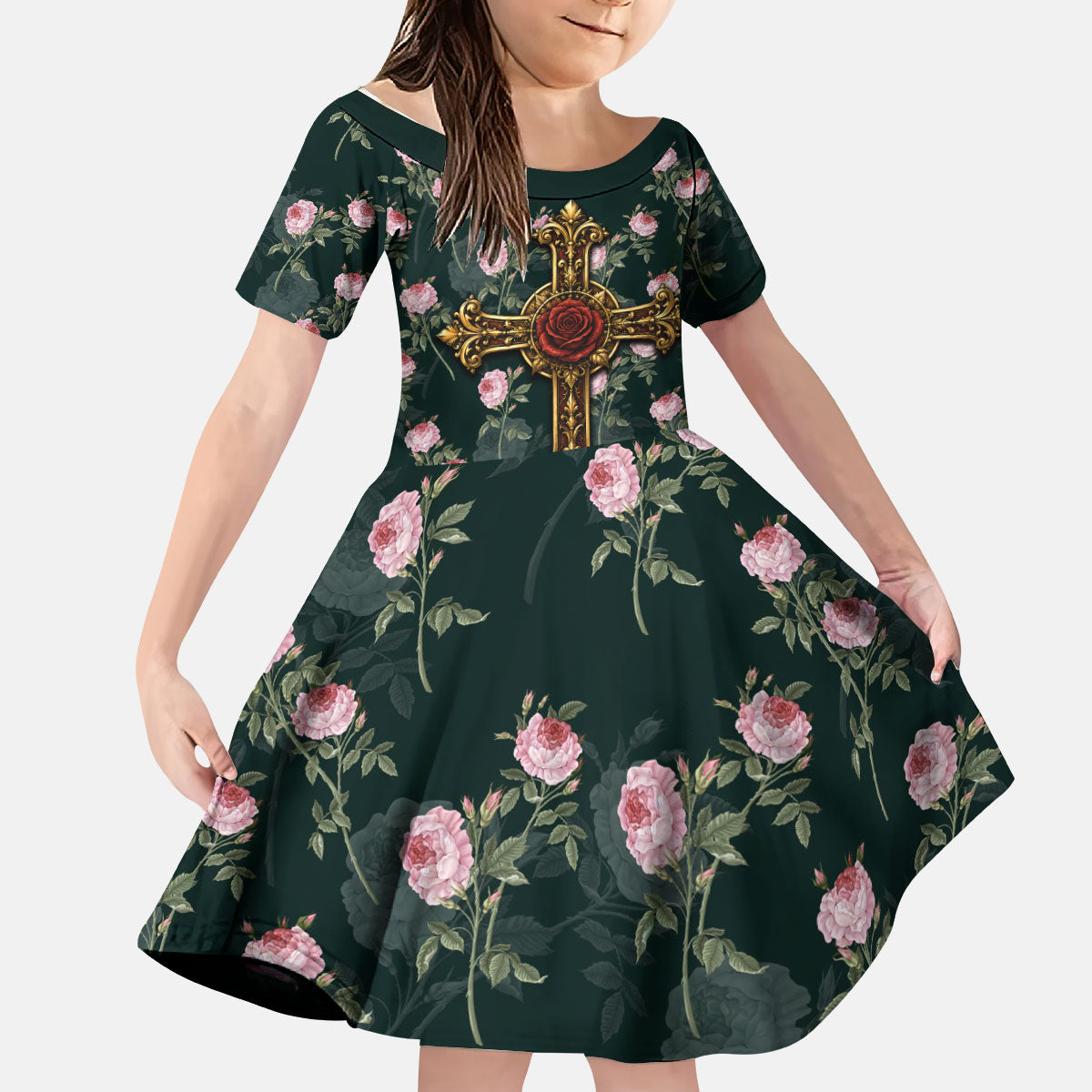 Rosicrucian Order Rose Cross Kid Short Sleeve Dress Gothic Baroque Crucifix Vintage Floral
