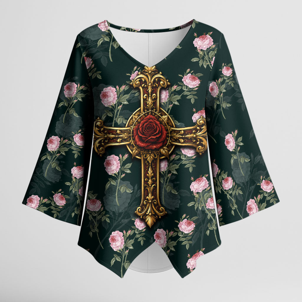 Rosicrucian Order Rose Cross Kimono Sleeve Blouse Gothic Baroque Crucifix Vintage Floral