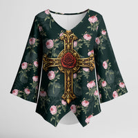 Rosicrucian Order Rose Cross Kimono Sleeve Blouse Gothic Baroque Crucifix Vintage Floral