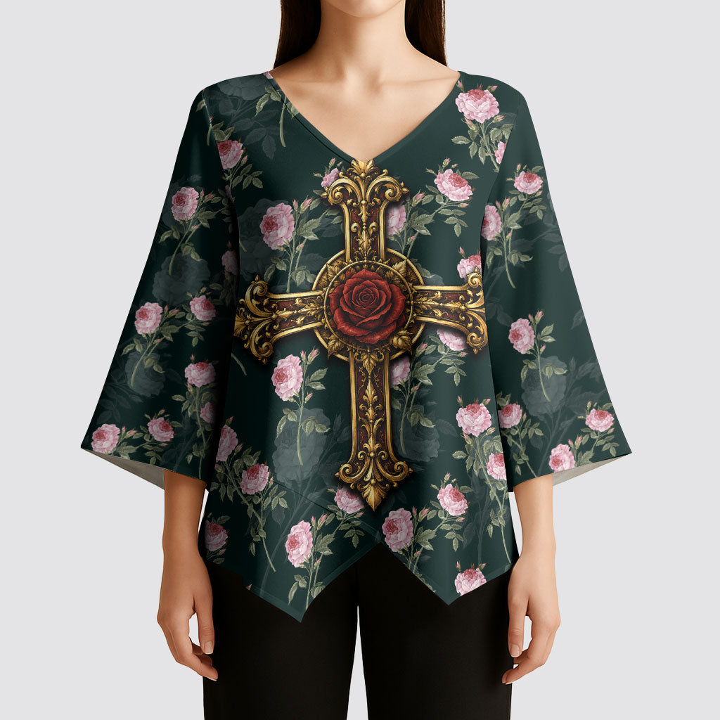 Rosicrucian Order Rose Cross Kimono Sleeve Blouse Gothic Baroque Crucifix Vintage Floral