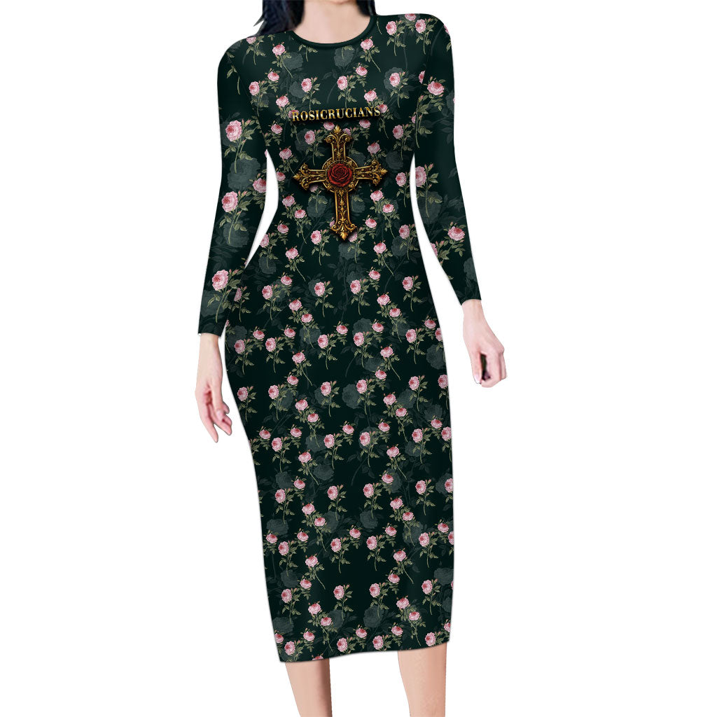 Rosicrucian Order Rose Cross Long Sleeve Bodycon Dress Gothic Baroque Crucifix Vintage Floral