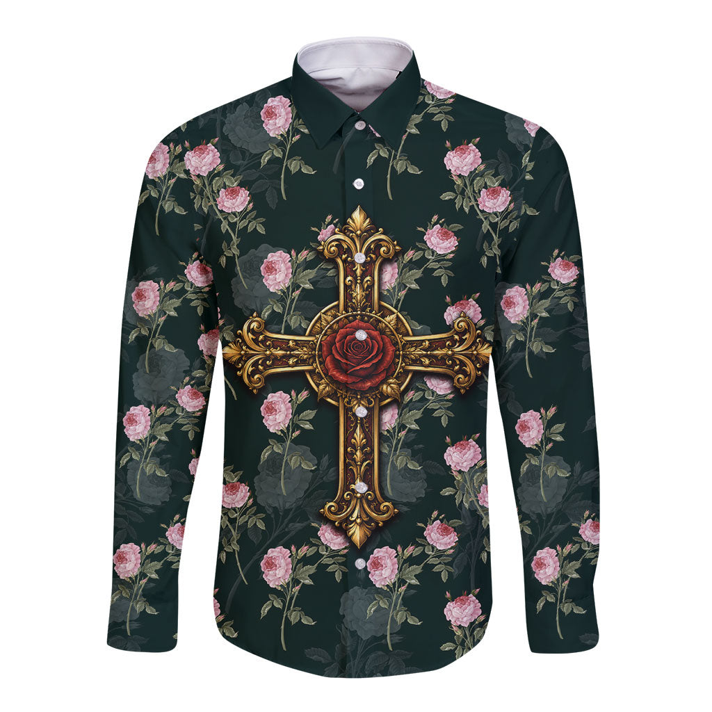 Rosicrucian Order Rose Cross Long Sleeve Button Shirt Gothic Baroque Crucifix Vintage Floral