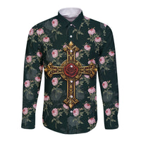 Rosicrucian Order Rose Cross Long Sleeve Button Shirt Gothic Baroque Crucifix Vintage Floral