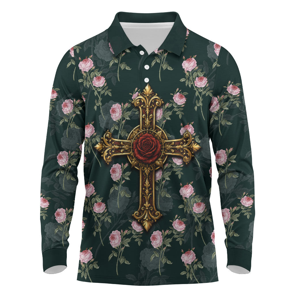 Rosicrucian Order Rose Cross Long Sleeve Polo Shirt Gothic Baroque Crucifix Vintage Floral