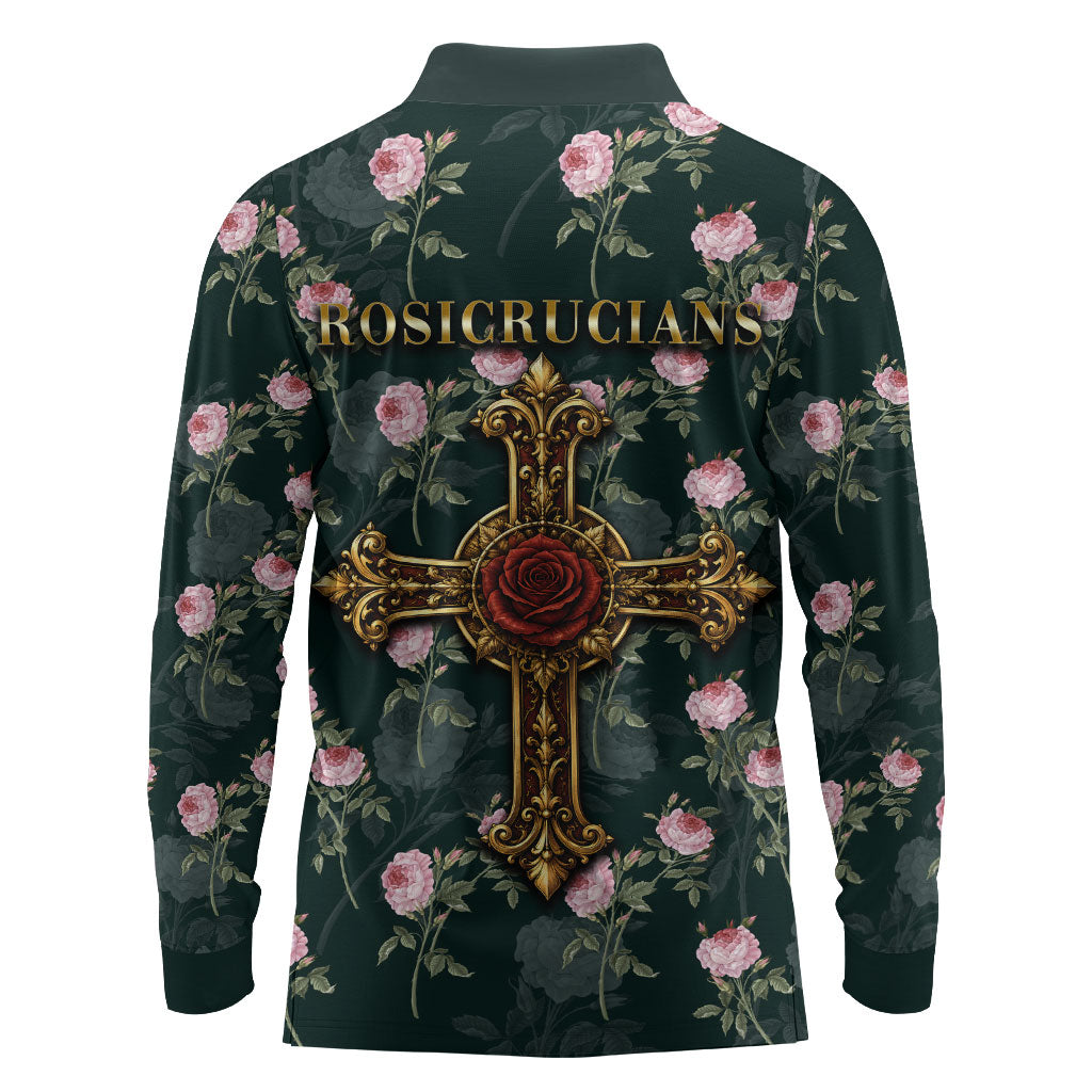 Rosicrucian Order Rose Cross Long Sleeve Polo Shirt Gothic Baroque Crucifix Vintage Floral