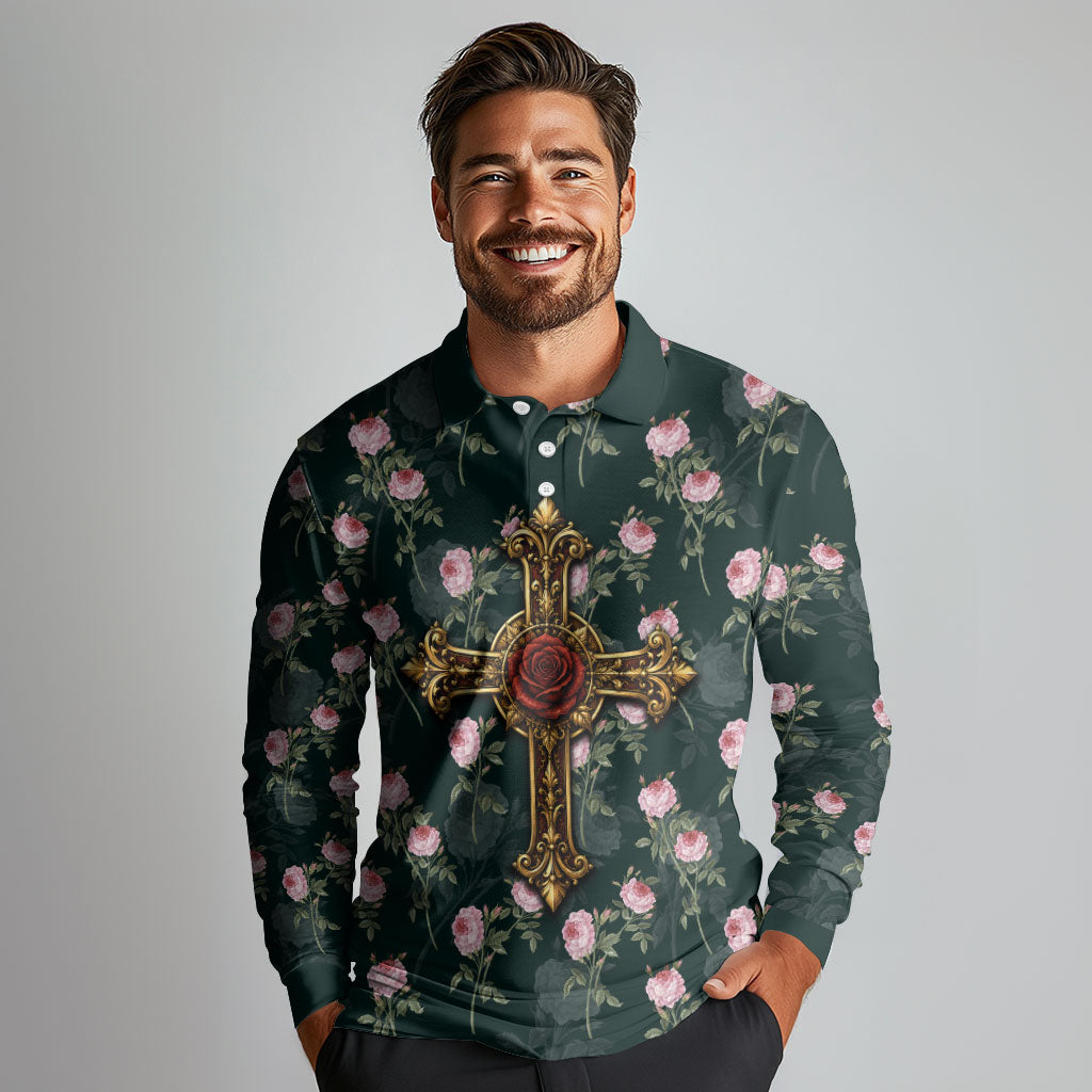 Rosicrucian Order Rose Cross Long Sleeve Polo Shirt Gothic Baroque Crucifix Vintage Floral
