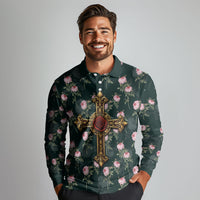 Rosicrucian Order Rose Cross Long Sleeve Polo Shirt Gothic Baroque Crucifix Vintage Floral