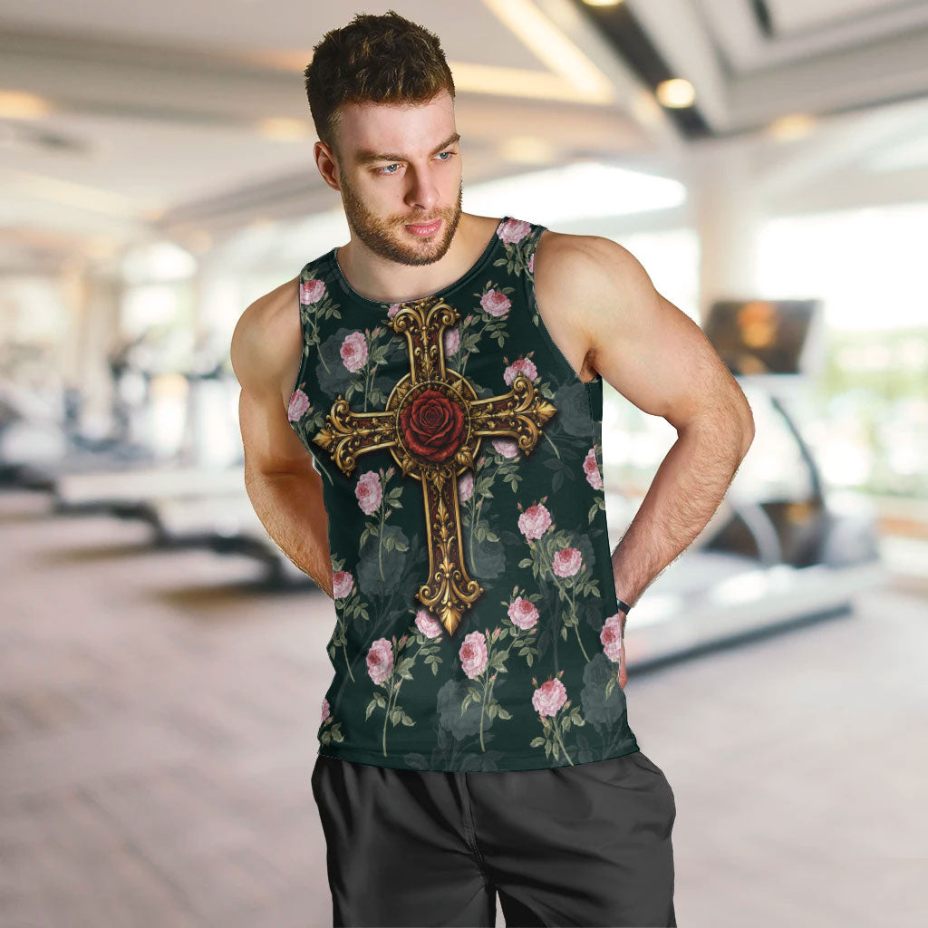 Rosicrucian Order Rose Cross Men Tank Top Gothic Baroque Crucifix Vintage Floral
