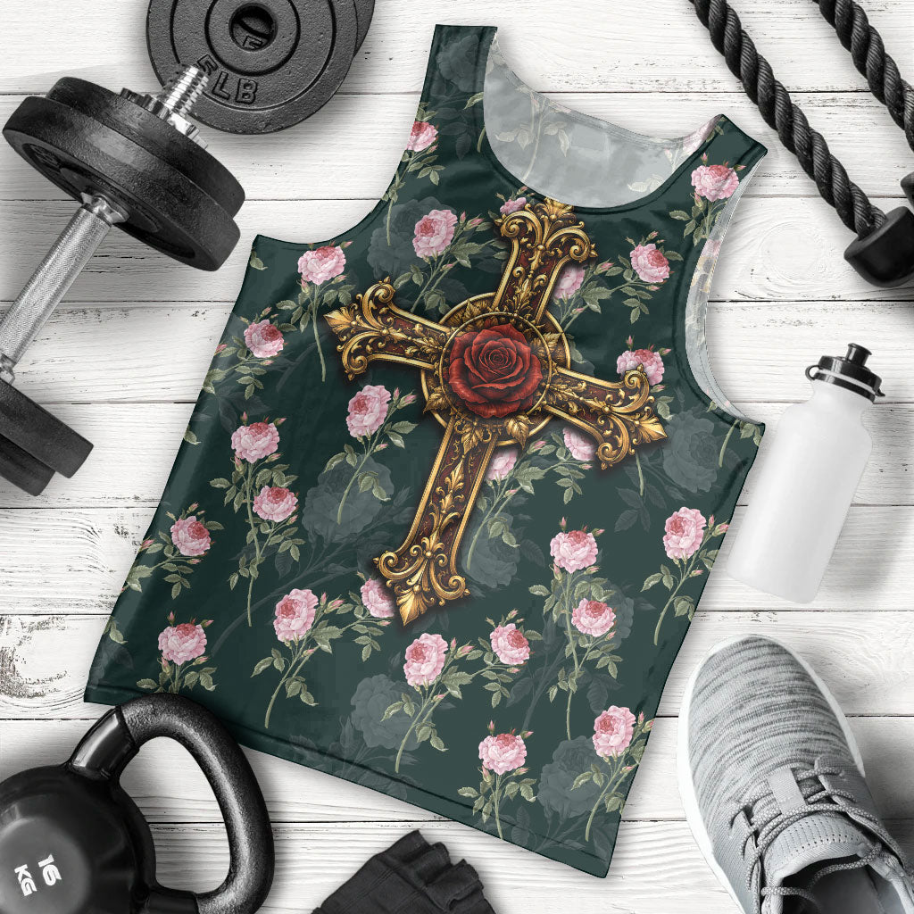Rosicrucian Order Rose Cross Men Tank Top Gothic Baroque Crucifix Vintage Floral