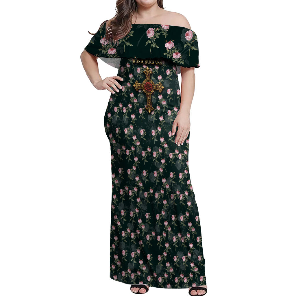Rosicrucian Order Rose Cross Off Shoulder Maxi Dress Gothic Baroque Crucifix Vintage Floral