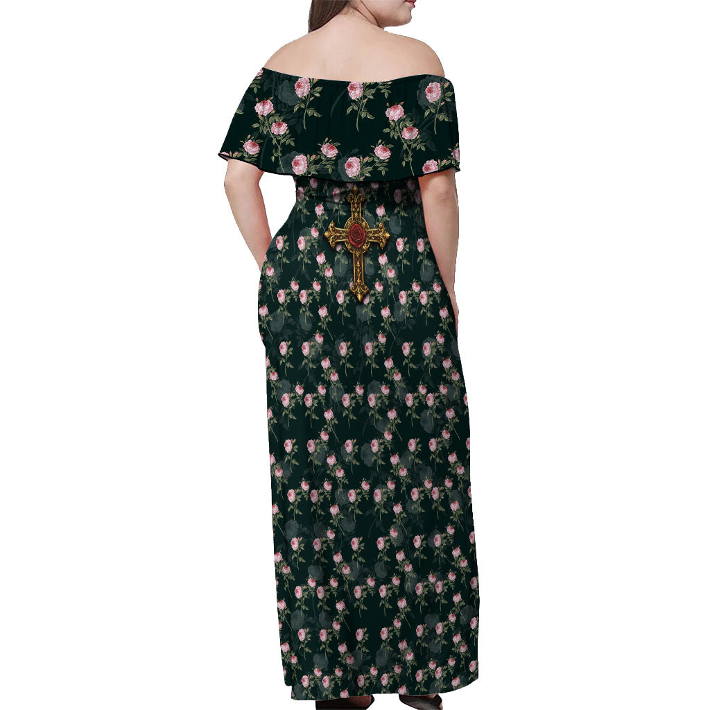 Rosicrucian Order Rose Cross Off Shoulder Maxi Dress Gothic Baroque Crucifix Vintage Floral