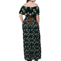 Rosicrucian Order Rose Cross Off Shoulder Maxi Dress Gothic Baroque Crucifix Vintage Floral